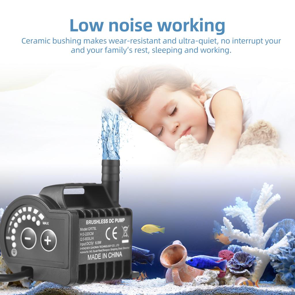 Zanurzalna pompa wodna 5V Regulowana 8 poziomów 0-600L/H Mała pompa fontannowa o wysokości podnoszenia 0-7,2 stopy, 6,5 stopy