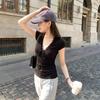 Black V-neck strap short-sleeved t-shirt women's front shoulder summer new short slim-fitting Korean beautiful small clothes