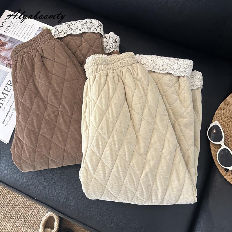 Plus Size Korean Fashion Autumn Winter Women Basic Pants High Waist Beige Brown Thick Warm Trousers Lace Patchwork Ladies' Harem Pants