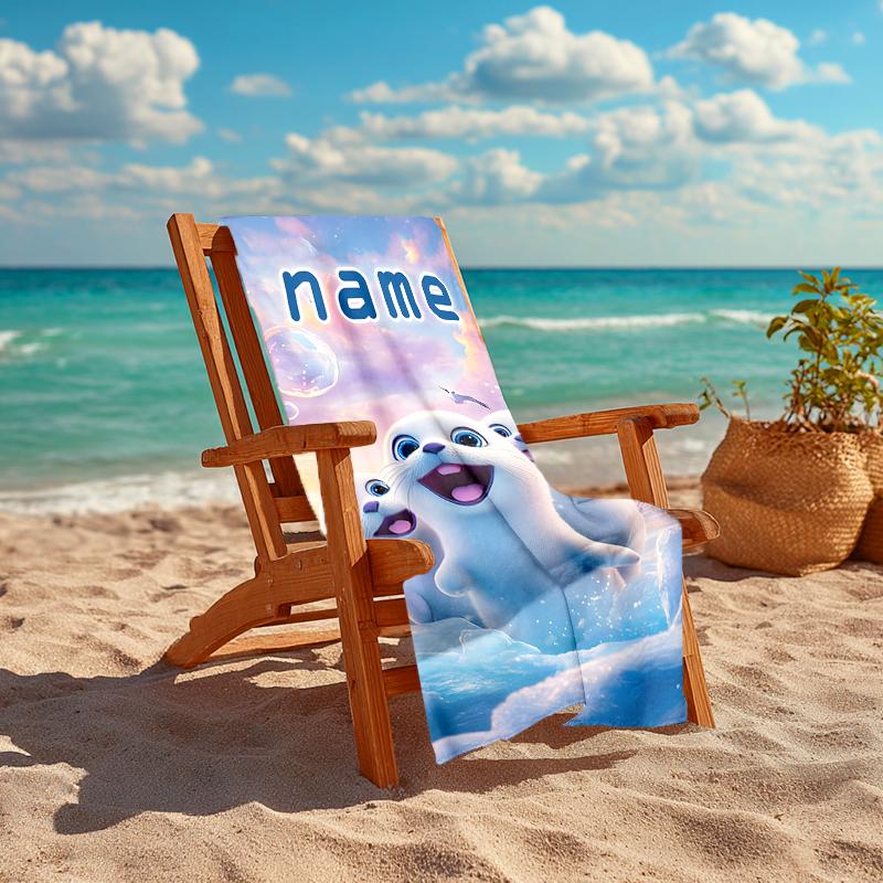 1PC Custom Name "Seal Pup Adventures Sky" Beach Towel Highly Absorbent And Sand-Resistant Towel for Swimming, Pool, Yoga, And Travel Lightweight
