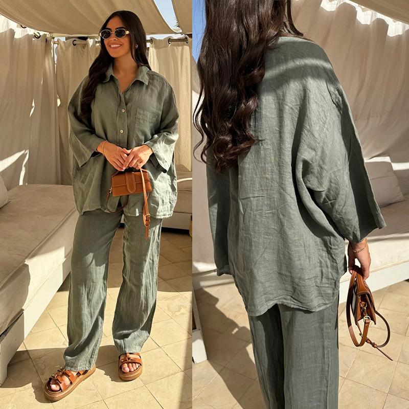 

Женские осенние шикарные уличные повседневные комплекты из двух предметов, модные однобортные рубашки с лацканами, свободные широкие брюки XL армия зеленый