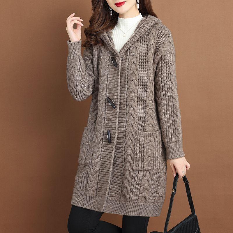 Spring Autumn Thick Sweater New Style Knitted Outerwear Women's Cardigans Medium Long Hooded Cardigan Sweater Coat