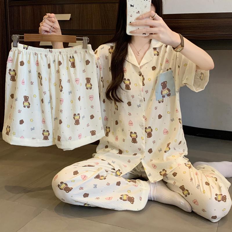 Japanese Sweet Cloud Cotton Pajamas Women'S Summer Short-Sleeved Three-Piece Set Thin Cartoon Bear Loungewear
