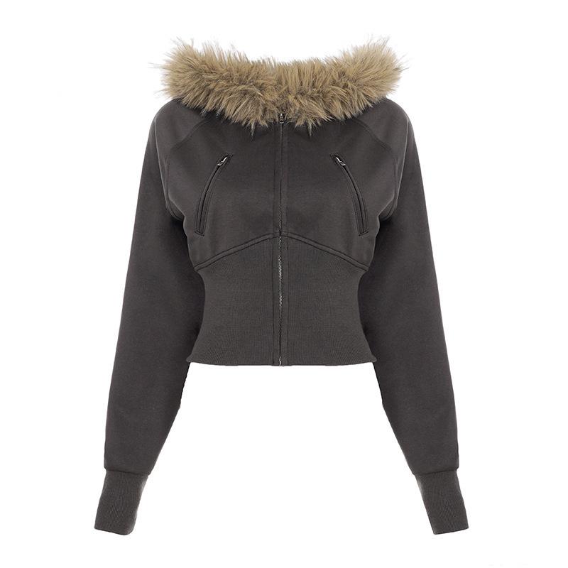 VAYLA Faux Furry Trim Hooded Fitted Cropped Jacket Y2K Long Sleeve Zipper Coat High Street Casual Autumn Winter Outfits