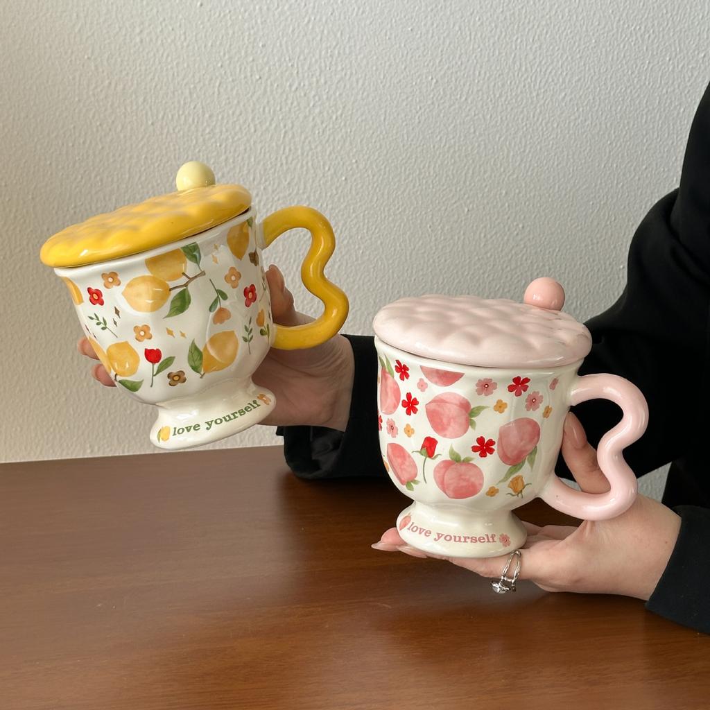 Creative Fruit Ceramic Mug With Lid Spoon Girls Home Cup Office Breakfast Coffee Water Cup High Value