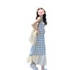 Blue plaid suspender dress women's new summer vacation two pieces seaside wear skirt vacation dress