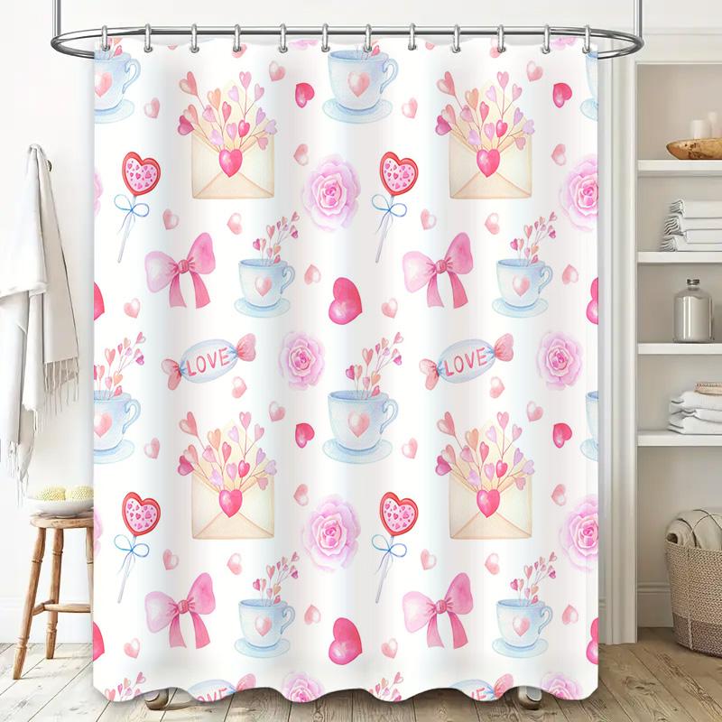 Romantisches Aquarell-Duschvorhang-Set Für Badezimmer-Dekoration Rosa Blumen Herzen Design Wasserdichtes Stoffmaterial Mit Haken Inklusive