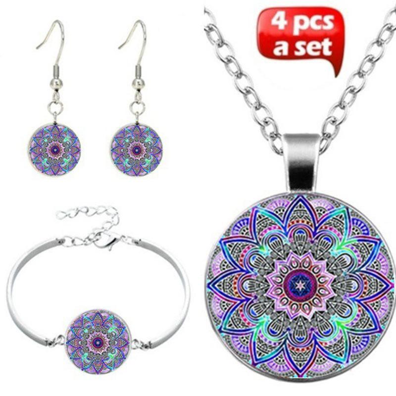 Accessories, Geometric Round Jewelry Three-Piece Set, Mandala Time Gem Necklace, Stud Earrings Bracelet