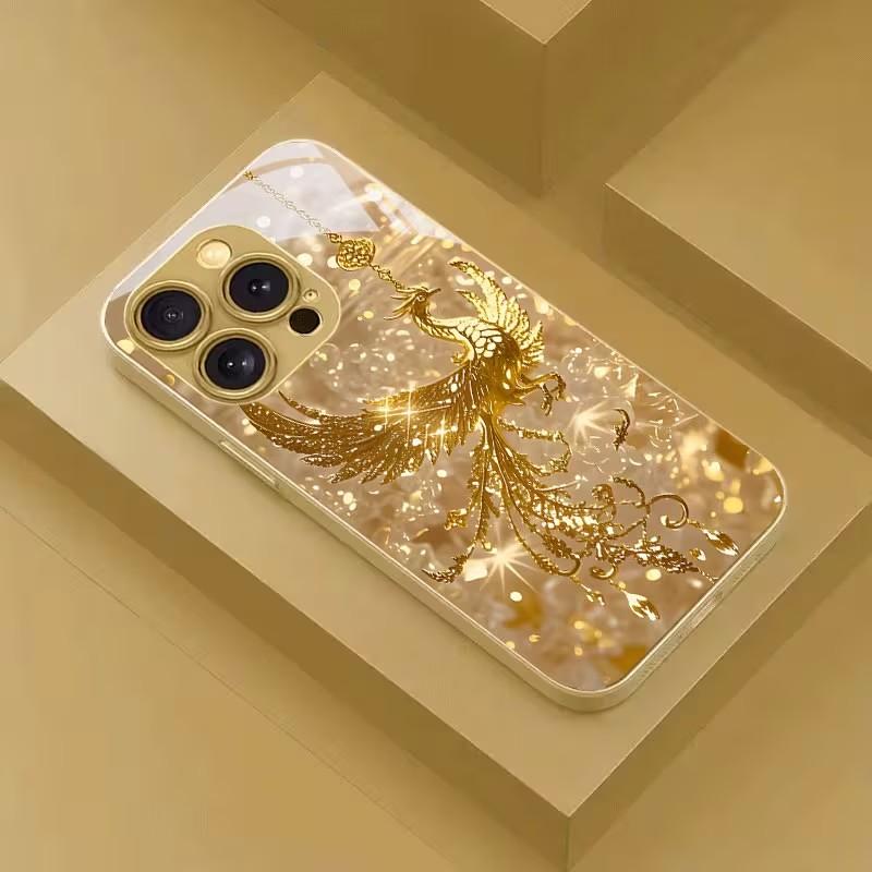 Estojo de Vidro Temperado Dourado com Exclusivo Padrão de Fênix para Samsung Galaxy S25 Ultra S24 S23 Plus S25 FE Capa Traseira de Luxo