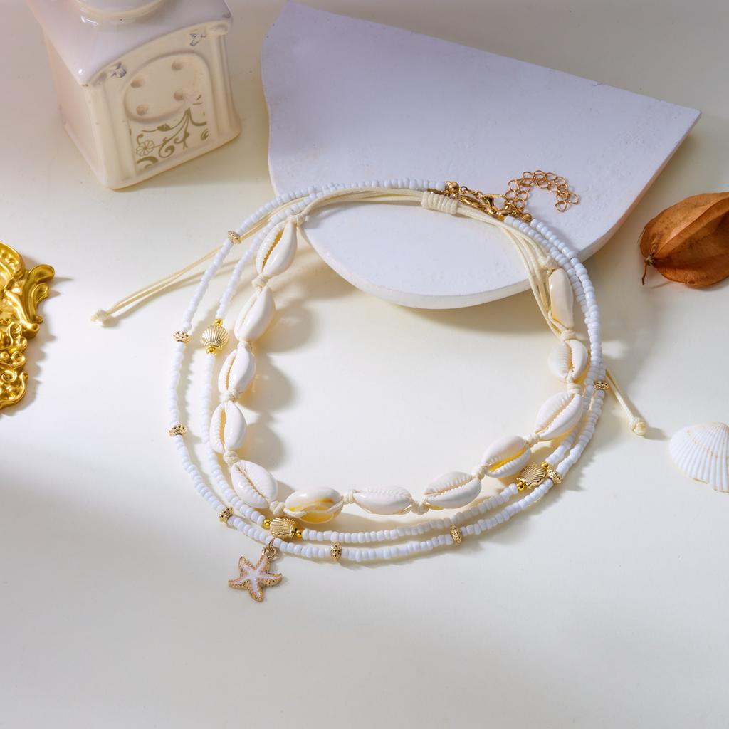 Bohemian Multilayer Starfish Sea Shell Necklace For Women Fashion Imitation Pearl Rice Beads Chain Choker Summer Beach Jewelry
