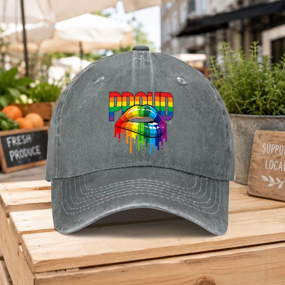 Rainbow Pride Lip Print Washed Baseball Cap Unisex Casual Dad Hat for Outdoor Hiking Daily Commute Casual Gatherings