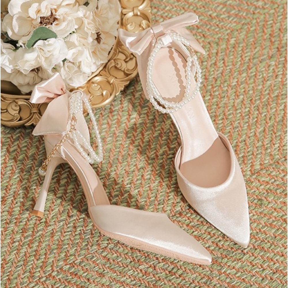 Fashion High Heeled Women's New Pointed Thin Heel Silk Satin Hollow Heel Bow High Heels Women Versatile Commuter Single Shoes for Women
