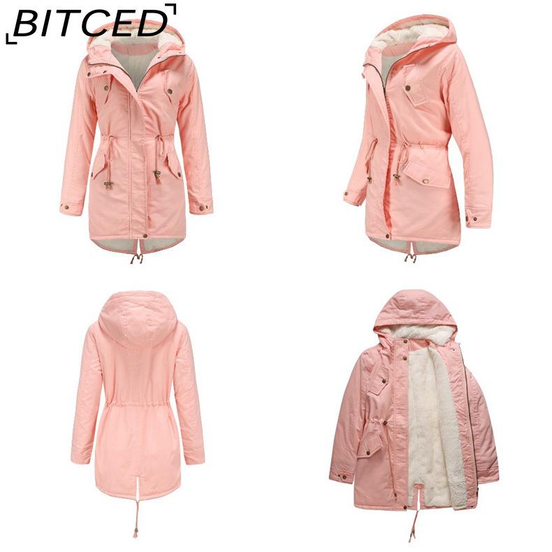 BITCED Autumn/Winter Women's Cotton Coat Solid-Colour Hooded Parka Thick Cotton Coat with Fleece Lining