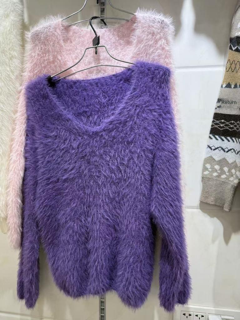 Autumn V-Neck Loose Lazy Style Faux Fur Coat Women's New Purple French Style Fashion Korean Top