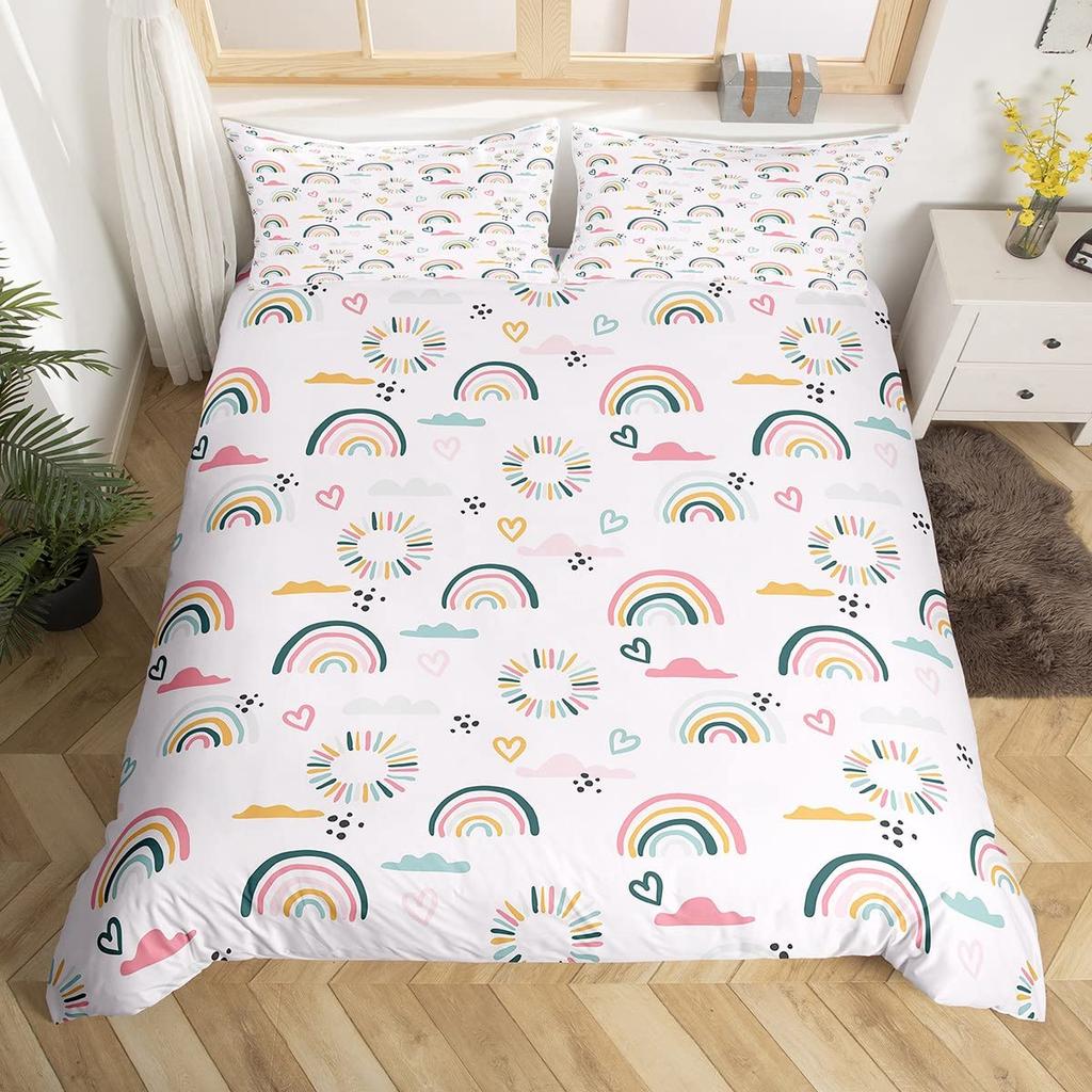Kawaii Rainbow Duvet Cover Cartoon Iridescent Print Bedding Set For Girls Kids Room Twin,Cute Stars Clouds Decor Comforter Cover