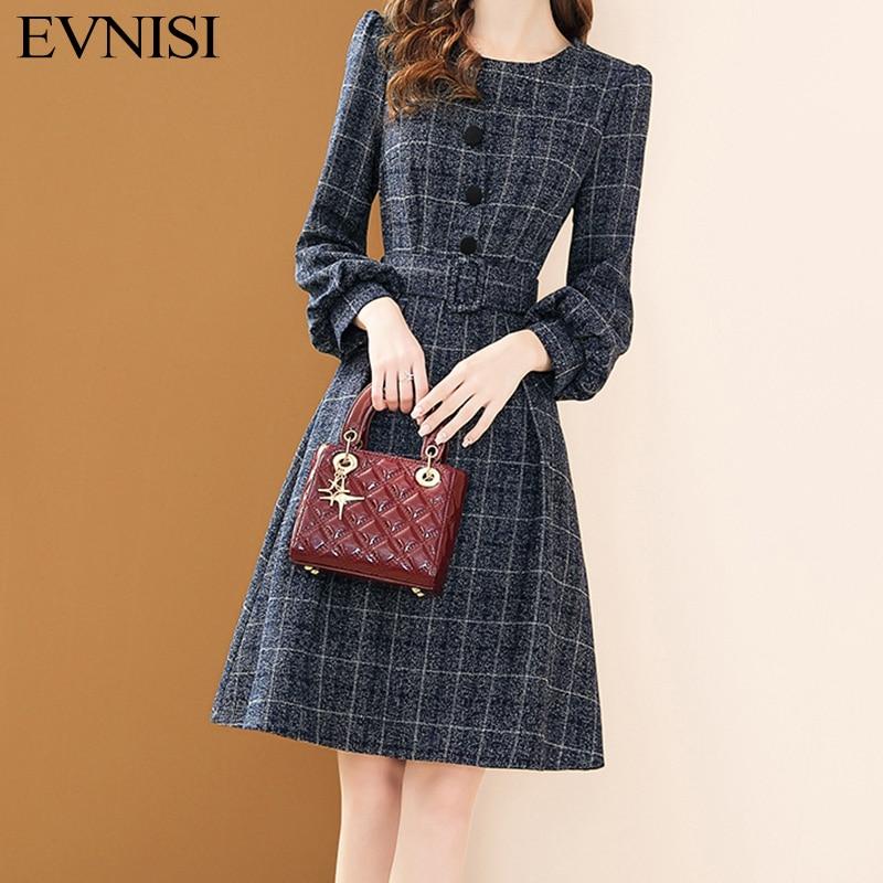 

EVNISI винтажное женское платье с поясом и круглым вырезом, элегантные офисные платья трапециевидной формы с рукавами-фонариками для женщин, праздничное платье, осень-зима