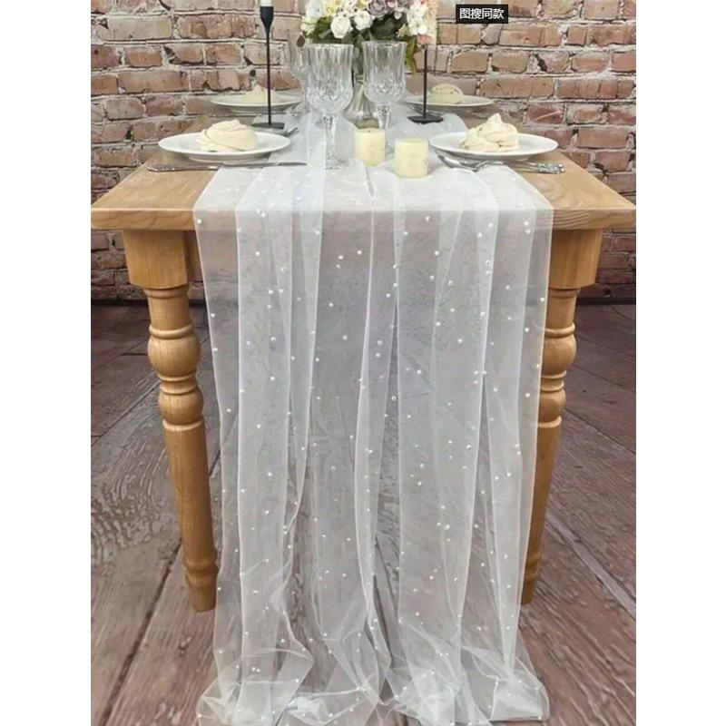 1pc Cake Photography Backdrop, Soft Tulle Curtain Fabric, Faux Pearl Organza Dessert Table Cloth, Fairy Style White Lace Background Prop