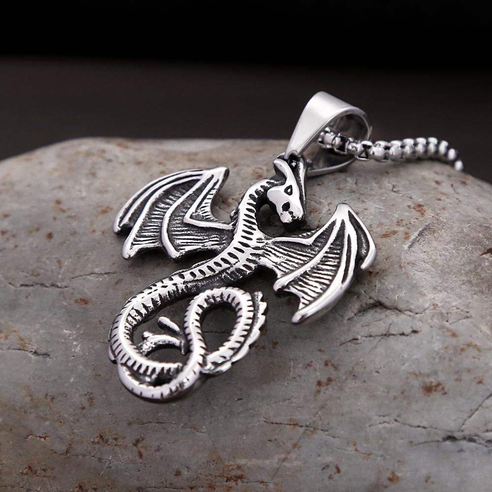 Punk Vintage Flying Dragon Pendant Necklace for Men Women Biker Stainless Steel Pterosaur Choker Necklaces Charm Jewelry Gifts