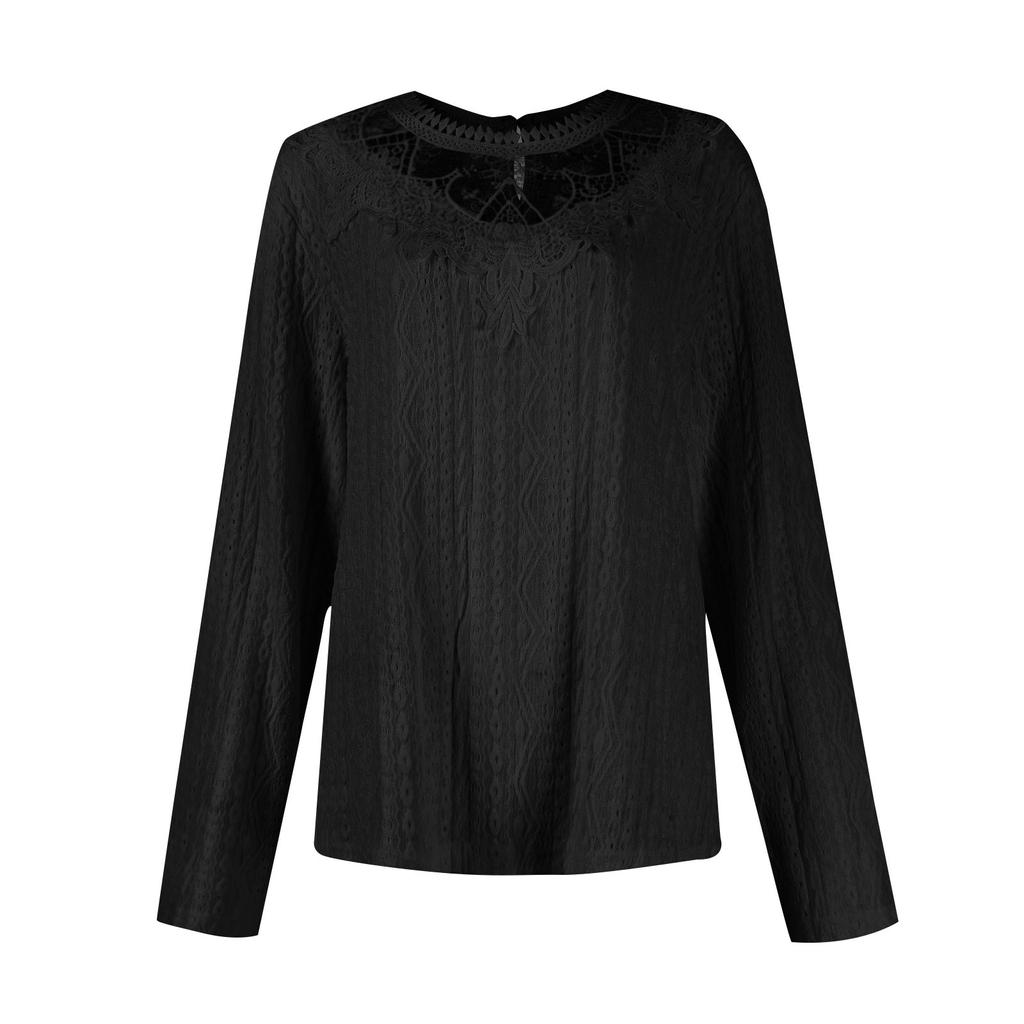 Women's Fashion Solid Color Lace Splicing Casual Hollowed Out Long-sleeved T-shirt