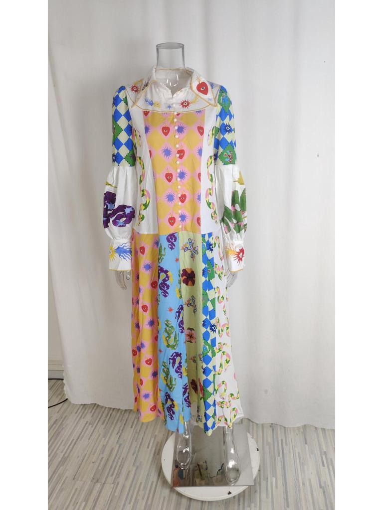 2025 European & American Women's Lantern Sleeve Print Turn-Down Collar Waist-Gathering Long Swing Spring Dress