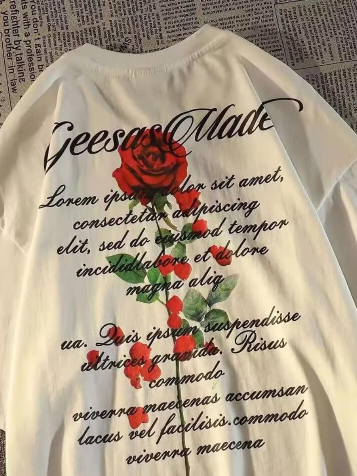 Letter Rose Trend Shortsleeved Summer Adult Mens 100 Cotton Soft Daily Street Retro Fashion Loose Cool Comfortable Tshirt 4XL