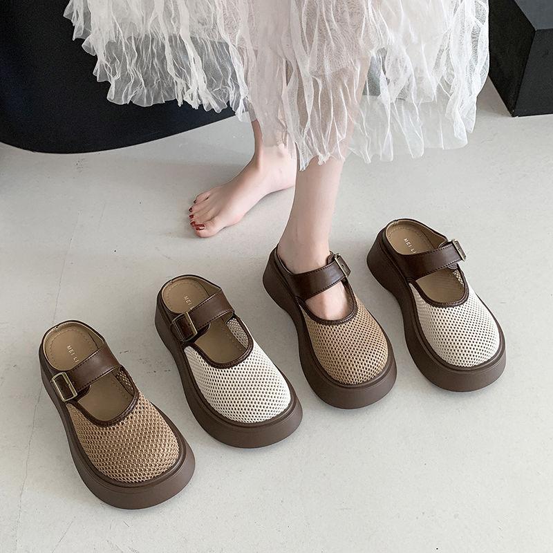 Hollow Mesh Half Slippers Women's Outer Wear 2025 New Summer Fashion Mary Jane Single Shoes Platform Muffin Hole Shoes