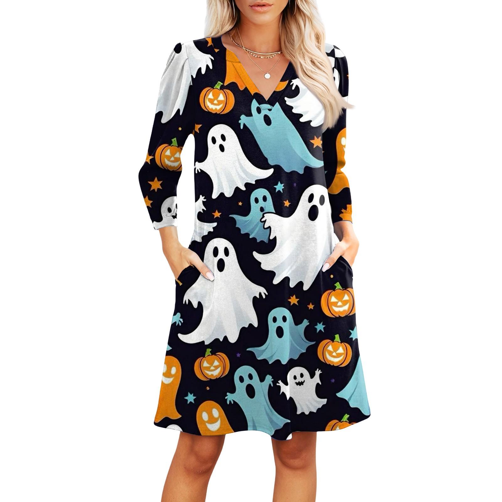 

Women s Fashion V-neck Casual Beach Dress Three-quarter Sleeves Halloween Print Dress L синий