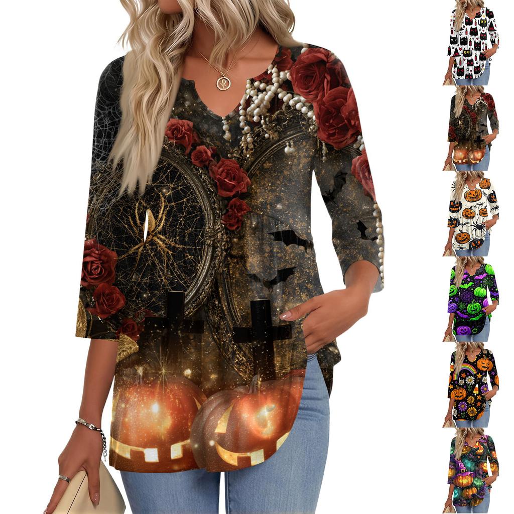 Women's Casual V-Neck Three-Quarter Sleeve Blouse with Halloween Print for Fall Parties