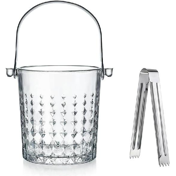 Glass Ice Bucket with Handle and Ice Tong Holds 37oz of Ice Clear Crystal Ice Buckets for Cocktail Bar Wine Home Bar Accessories Parties Clear