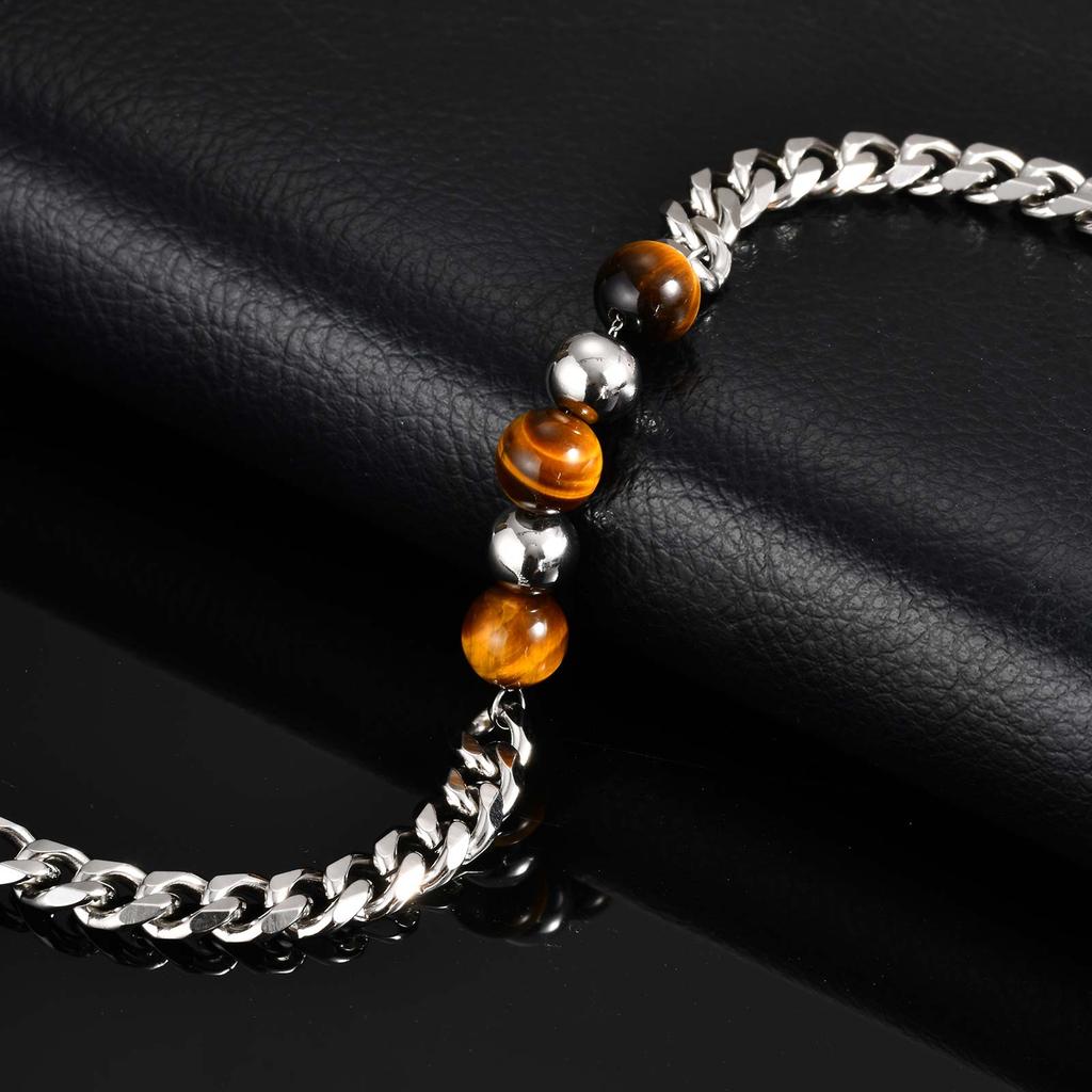 Fashion Stainless Steel Cuban Chain Bracelet for Men, Tiger Eye Natural Stone Charm Bracelet, Vintage Jewelry Father Day Gift