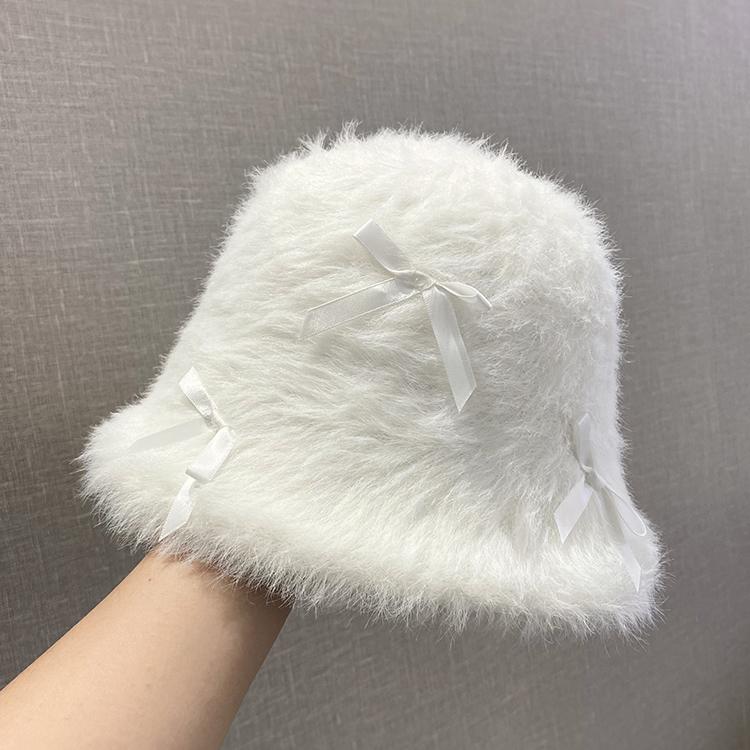 Rabbit Fur Bow Plush Bucket Hat Female Autumn and Winter Big Head Circumference Showing Face Small White Bucket Hat Warm Hat Tide