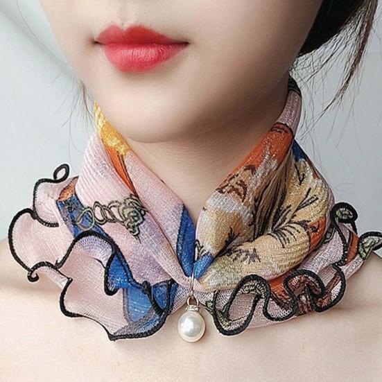 Scarf Painting Print Imitation Pearl Durable Ruffle Edge Lady Headscarf for Banquet