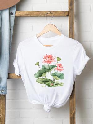 (Asian Size) Sweet Flower Trend Print Female Women Printing Fashion Tee Top Clothing T Shirt Woman Short Sleeve Graphic T-shirts