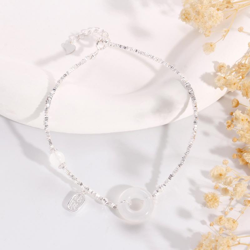 S925 Sterling Silver Women s Anklet with White Agate and Crushed Silver – Wealth and Peace Chinese Style S925 Silver