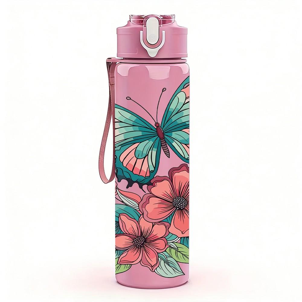 1PC Colorful Butterfly Pink Wildflower Floral Art 750ml Color Plastic Sports Water Bottle Leakproof Flip Straw Lid Suitable for Sports Office Home Use