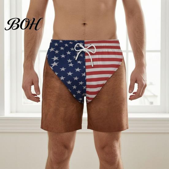 Quick Dry Board Shorts Funny Patriotic Men Shorts, American Stars And Stripes Swim Trunks, Novelty Printed Water Drawstring Waist for Summer
