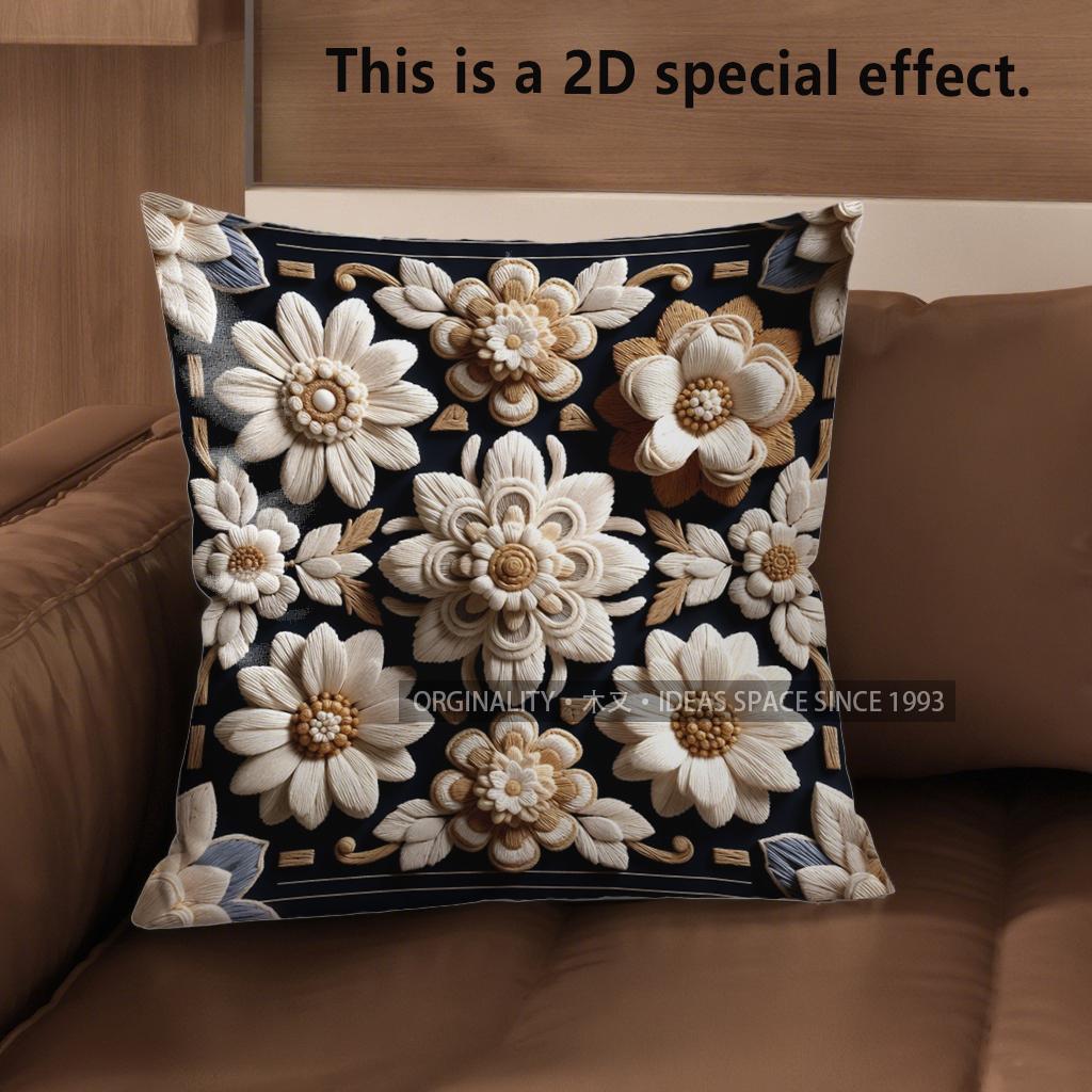 2D Floral Embroidered Pattern Decorative Throw Pillows Pattern Cushion Cover Suitable For Sofa Bedroom Car Pillow Cover