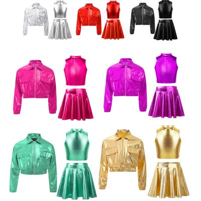 Girls 3Pcs Metallic Dance Set: Shiny Jacket with Turn-Down Collar, Sleeveless Turtleneck Top & Pleated A-Line Skirt