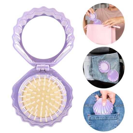 2-In-1 Mini Air Cushion Brush with Makeup Mirror Portable Shell Shape Travel Hair Comb Women Girls Folding Round Mirror Scalp