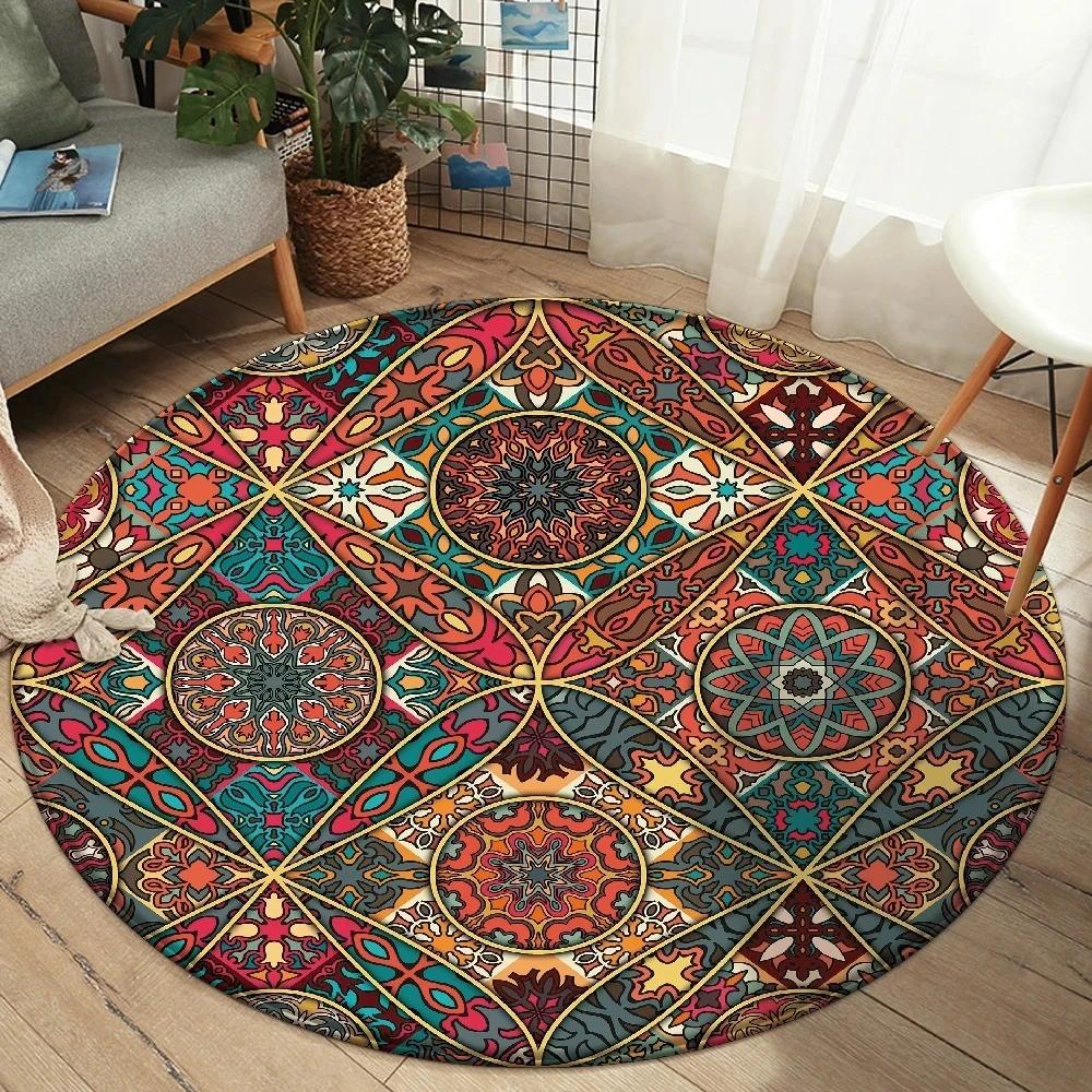 Alfombra Redonda Mandala Boho Alfombra de Área con Estampado Floral Colorido Para Sala de Estar Dormitorio Silla Felpudo Antideslizante para Suelo Hogar Cocina Felpudo de Puerta