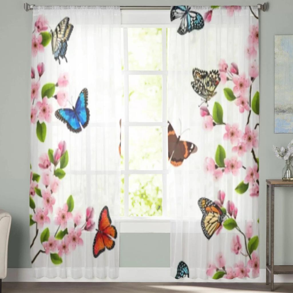 Sakura And Butterflies Sheer Curtains For Living Room Window Transparent Voile Tulle Curtain Bedroom Drapes Home Decor