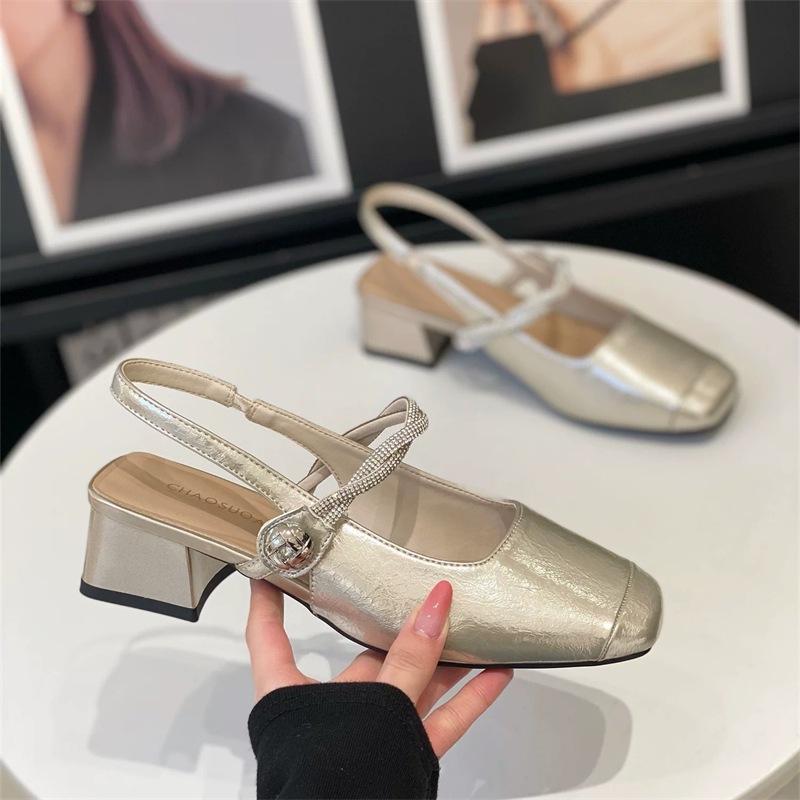 thick-soled thick-heeled rhinestone bag head sandals for women to wear 2025 summer temperament commuting versatile fairy style Mary Jane shoes