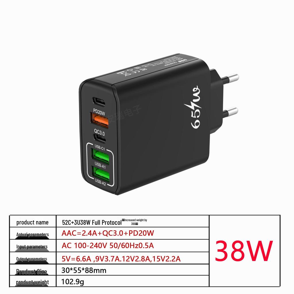 65W Multi-Port Mobile Charger, Fast Travel Adapter with European/UK/US Plug, 3.1A, 2C+3A