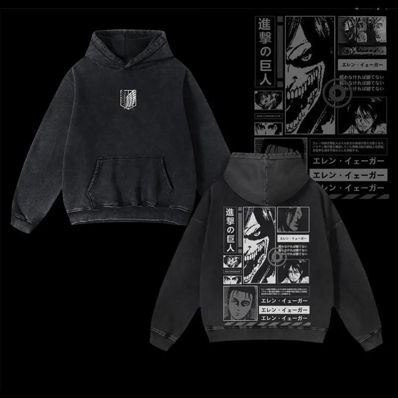 

Аниме Атака Титанов Эрен Принт Худи с капюшоном Мужские Женские Толстовки Винтажная стирка Свитшот Повседневная Хлопковая одежда Харадзюку Уличная одежда XXL чёрный