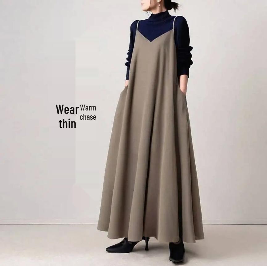 2025 Autumn/Winter Plus Size Loose V-neck Spaghetti Strap Wool Slit Dress - Japanese & Korean Style Small