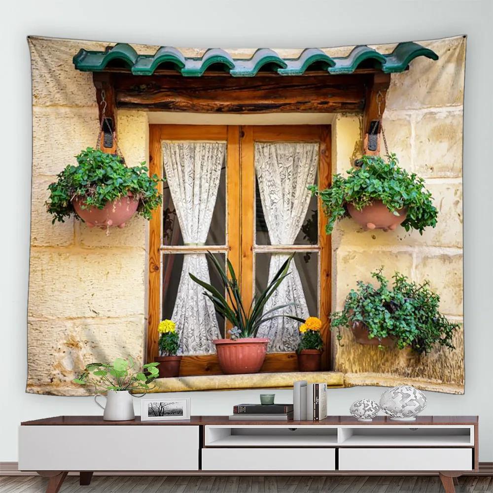 Street Flower Scenery Tapestry Vintage Blue Wooden Door Floral Plants Nature Landscape Home Garden Decor Wall Hanging Picnic Mat