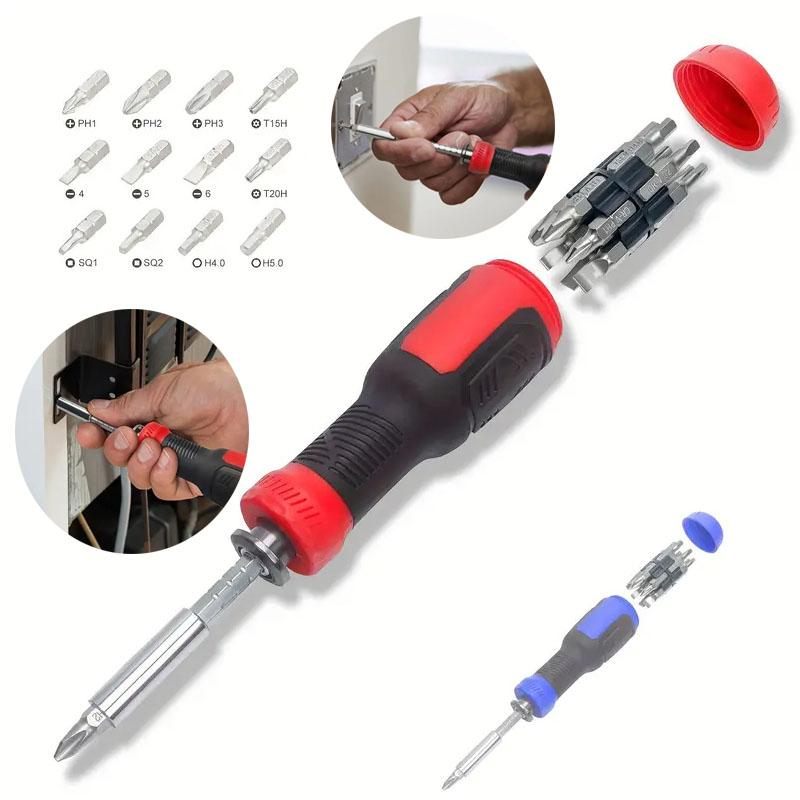 13-in-1-Schraubendreher-Set mit mehrfach verstellbarem Ratschenschraubendreher-Set, Reparaturwerkzeuge mit Torx-Sicherheits-Flachkopf, Kreuzschlitz, Sechskant, Vierkant und 1/4-Zoll-Steckschlüsseln