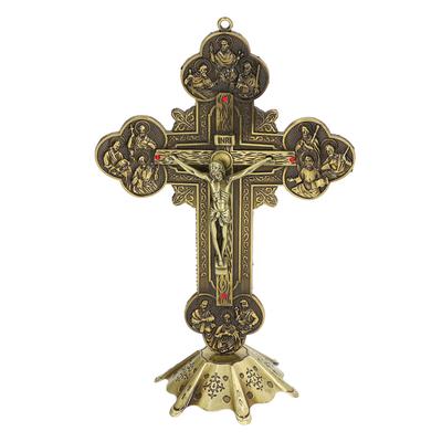 Crucifix Bronze Stable Base Inlaid Red Vintage Style Attractive Decorative Metal Table Art