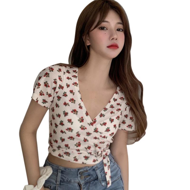 

Floral Short Sleeve Tshirt Women s Summer V-neck Lace Up Korean Style Tee Shirt Tops One Size