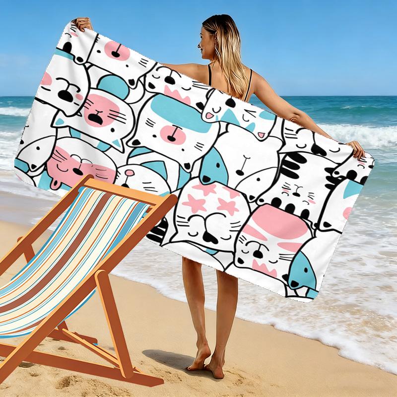 Cozy Cute Cartoon Cat & Animal Print 2D Flat Print Beach Towel, Large Soft Quick Dry Towel for Beach Camping SwimmingZSTJ0915372